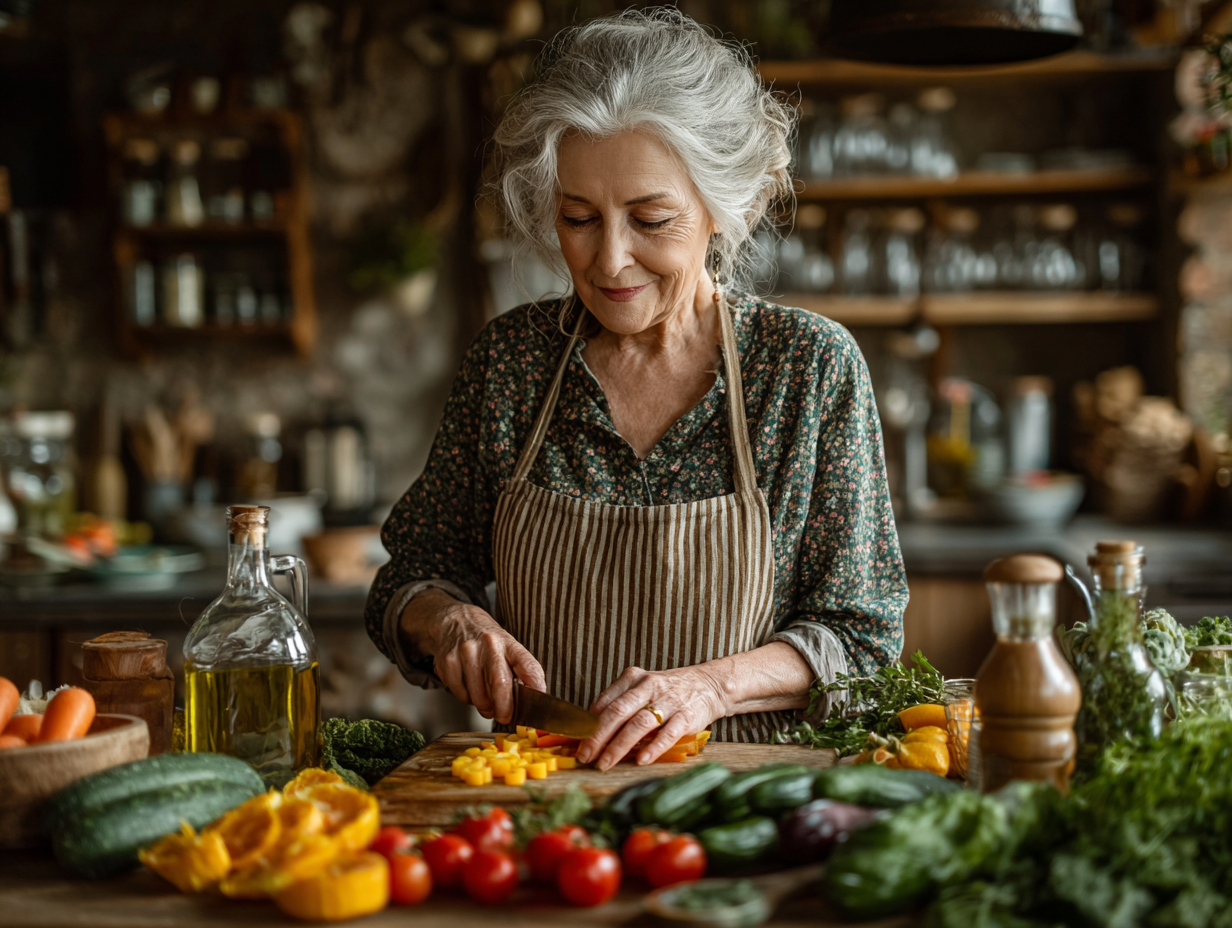 Senior fericit pregătind o masă sănătoasă